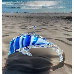 Murano Style BLUE SHADES VTG Hand Blown Glass Arching Dolphin Figurine Novelty